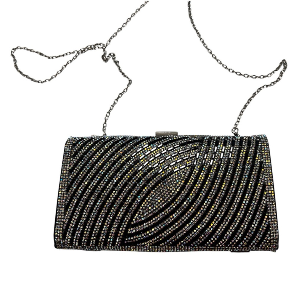 Lauren Lorraine Black and Silver Sherri Embellished Textured Clutch Chain Strap